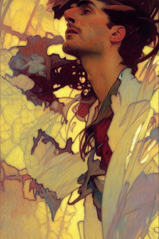 Image similar to attractive man, futurism, painting by gaston bussiere, craig mullins, greg rutkowski, alphonse mucha