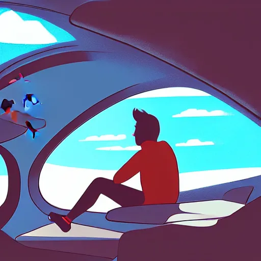 Image similar to a man is sitting in an airplane, watching his friends enjoy bouldering in a gym. award - winning digital artwork