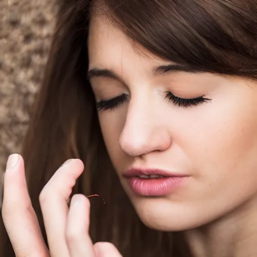 Prompt: photo attractive young woman with eyes closed, picking her nose, 3 5 mm, full - hd