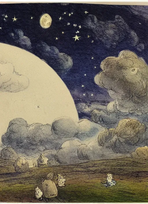 Image similar to night sky, stars, moon prominently in the center, surrounded by clouds, landscape, illustrated by peggy fortnum and beatrix potter and sir john tenniel