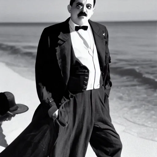 Prompt: b & w photo of gomez addams at the beach