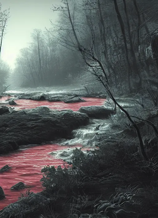 Image similar to dead river, red color, highly detailed, 8 k, artstation, beutifull, masterpiece