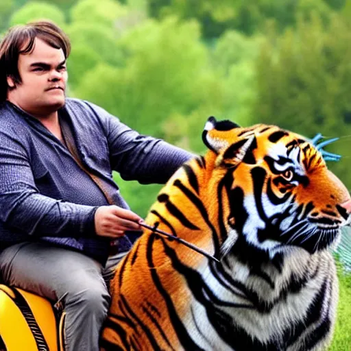 Prompt: jack black riding a tiger, river, stunning, hd, vibrant, trending