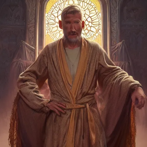 Image similar to highly detailed picture of a man with holes in his robes, religious man wearing clothes with huge rips, destroyed clothes, medieval background, mystic, d & d, fantasy, intricate, elegant, highly detailed, digital painting, artstation, concept art, smooth, sharp focus, illustration, art by artgerm and greg rutkowski and alphonse mucha