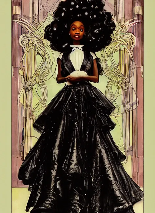 Image similar to a copic maker art nouveau portrait of a black girl detailed features wearing futuristic wedding dress with a puffy skirt designed by balenciaga by john berkey, norman rockwell akihiko yoshida