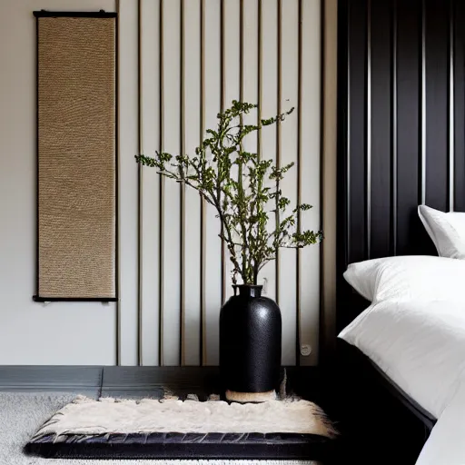 Image similar to bedroom, stone, interior design, stylish luxury hotel bedroom design, yakisugi, black vertical slatted timber, textures, feminine, black walls, art, Japanese pottery vase with flowers, kakejiku, seasonal, Japanese influences