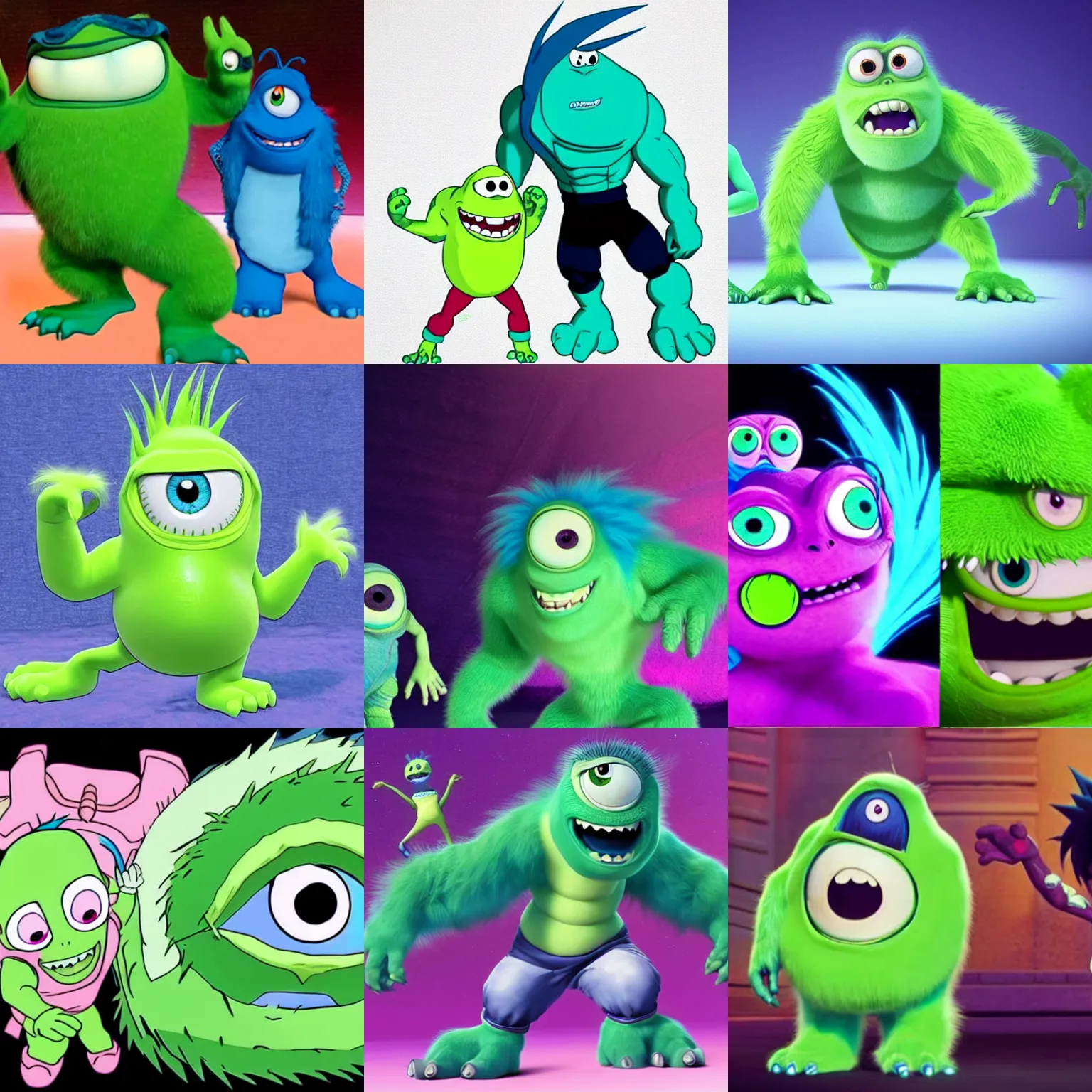 Prompt: Mike wazowski and Sully from Monsters Inc performing the fusion dance from Dragonball