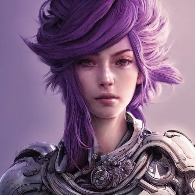 Image similar to close facial portrait of a pale woman in power armor with flowing purple hair, elegant, stoic, intense, ultrafine hyperdetailed illustration by kim jung gi, irakli nadar, intricate linework, sharp focus, bright colors, octopath traveler, final fantasy, hearthstone, highly rendered, global illumination, radiant light, detailed, intricate environment