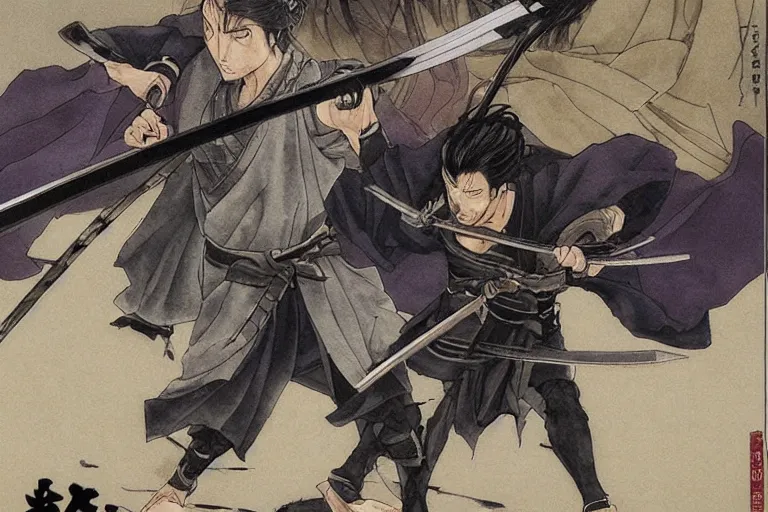 Prompt: epic and cinematographic samurai duel, by takehiko inoue and Hiroshi Hirata