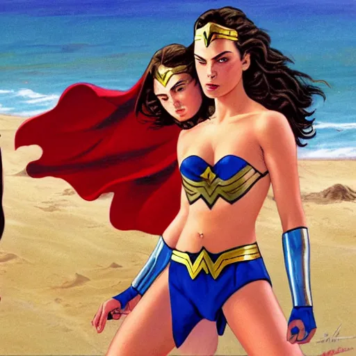 Prompt: padme and wonder woman wrestling at the beach, 8k photo, joe Jusko, artstation, Frank Frazetta