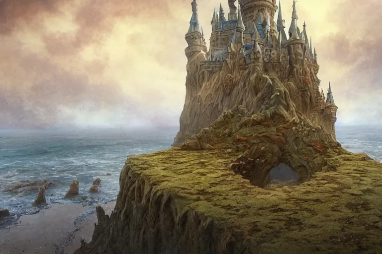 Prompt: wide angle view, a beautiful digital painting of a fairy castle made of sand on a beautiful coastline, tranquil day, magical, by greg rutkowski, brian froud, marc simonetti, jean - baptiste monge, and alphonse mucha, symmetry, complementary colors, ink illustration, trending on artstation