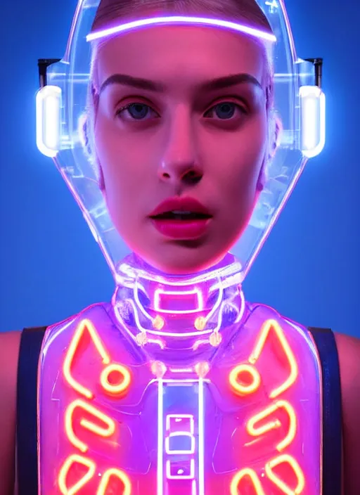 Image similar to a beautiful female humanoid with freckles cheeks, cyber neon lighting, retro futurism, intricate futuristic jewelry, retro futuristic glossy latex suit, transparent plastic sleeveless vest, profile posing, hyper photorealistic, crispy quality, digital photography, trending in artstation, trending in pinterest, cinematic, 4 k ultra hd, art by pascal blanche, art by greg rutkowski,