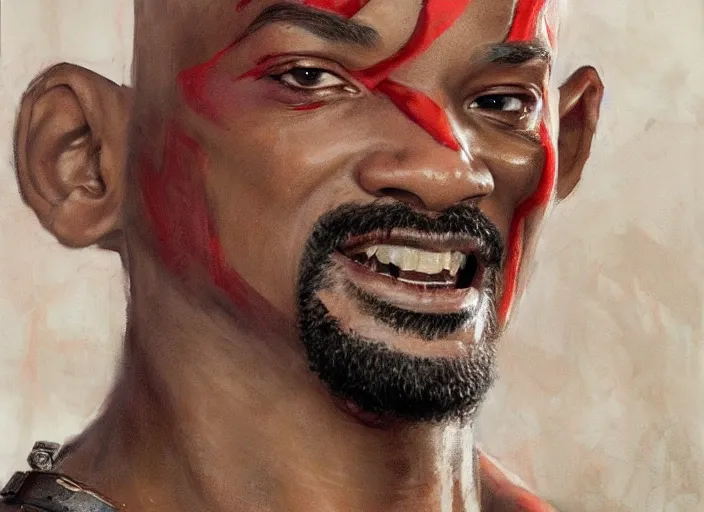 Prompt: a highly detailed beautiful portrait of will smith as kratos, by gregory manchess, james gurney, james jean