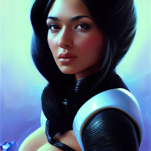 Image similar to a portrait of a very beautiful woman in a spacesuit, Alexandria\'s genesis, shoulder-length black hair, bored, illustration, soft lighting, soft details, painting oil on canvas by mark arian by artgerm, trending on artstation, 4k, 8k, HD