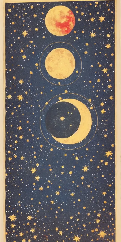 Image similar to oriental painting of the nebula, moon is high above the earth, detailed, refined, high quality, parchment, blackened space, lots of stars