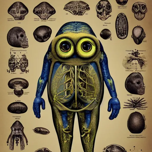 Image similar to A detailed biological anatomy of a minion, photorealistic, textbook, scientific