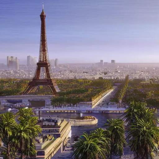 Image similar to landscape of the beautiful city of paris built in california, amazing sunny weather, eiffel tower next to the beach, palm trees, splendid haussmann architecture, digital painting, highly detailed, intricate, without duplication, art by craig mullins, greg rutkwowski, concept art, matte painting, trending on artstation, octane render, 8 k