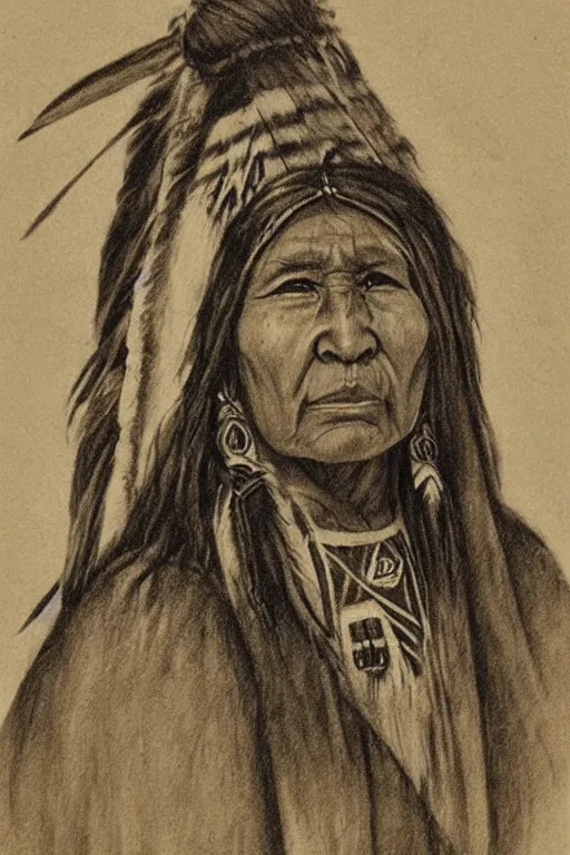 Image similar to “Charcoal sketch of a Native American indian woman, portrait, Nanye-hi Beloved Woman of the Cherokee, wearing a papoose showing pain and sadness on her face, ancient”