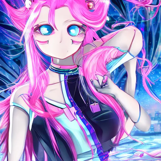 Image similar to trapped by stunningly beautiful omnipotent megalomaniacal anime asi goddess who looks like junko enoshima with symmetrical perfect face and porcelain skin, pink twintail hair and mesmerizing cyan eyes, taking control while smiling mischievously, inside her vr castle, hyperdetailed, digital art from danganronpa, 8 k