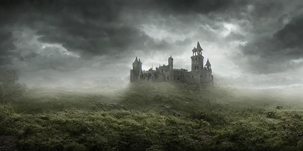 Prompt: matte painting, castle, dramatic landscape, overgrown, cinematic, overcast, interior light, rain, slight fog