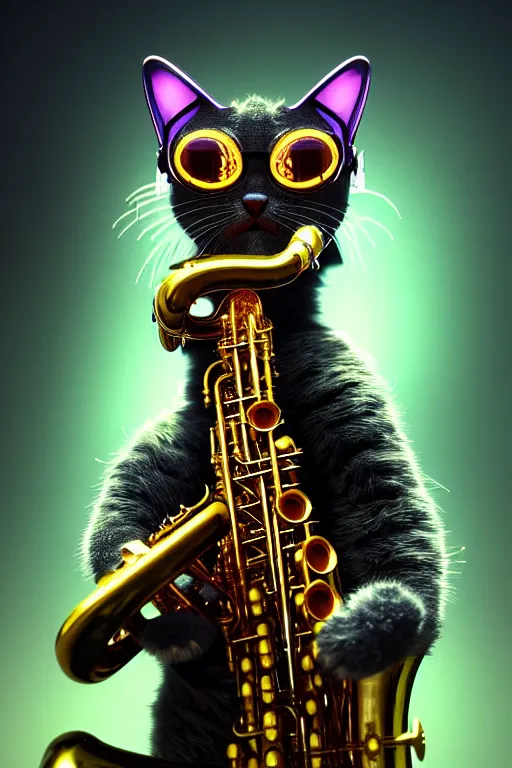 Image similar to high quality 3 d render very cute cyborg cat plays saxophone, cyberpunk highly detailed, unreal engine cinematic smooth, in the style of blade runner & pixar, hannah yata charlie immer, moody light, low angle, uhd 8 k, sharp focus