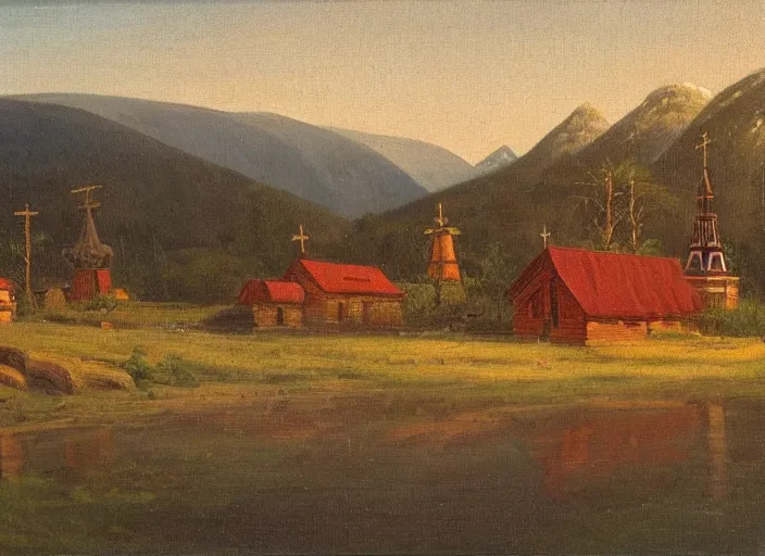 Image similar to the small wooden villages of siberia with an orthodox church, russia in the style of hudson river school of art, oil on canvas