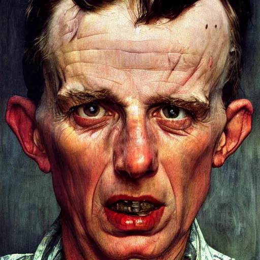 Image similar to high quality high detail painting by norman rockwell and lucian freud, hd, portrait of a dangerous psychopath, intense demonic look in the eyes, photorealistic lighting