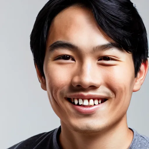 Prompt: a young asian face who has a round chin, medium eyes, wavy smooth hair, and thin lips, smiling crisply