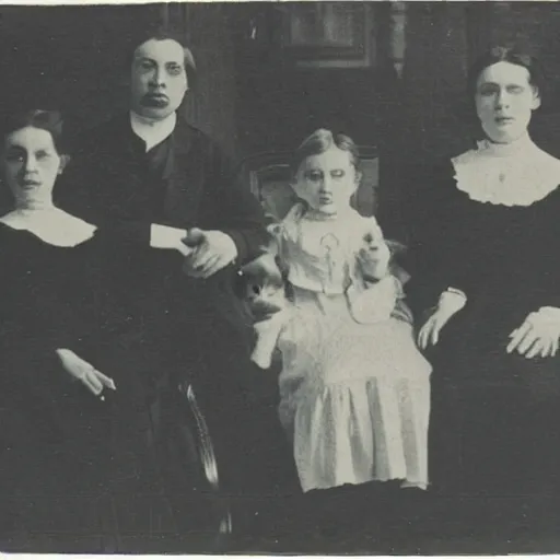 Image similar to vintage photograph of wealthy victorian mansion with family, ghost images and ectoplasm in the background, ghost hunting photograph