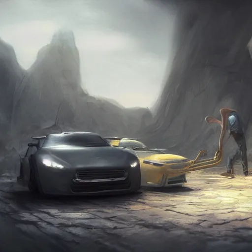 Prompt: rocky lifting a car, matte painting, art concept, unreal engine, by aenaluck, digital painting, artstation, concept art, smooth, sharp focus ilustration hq