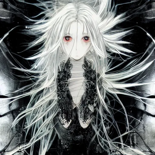 Prompt: Yoshitaka Amano blurred and dreamy illustration of an anime girl with black eyes, wavy white hair fluttering in the wind and cracks on her face wearing organic elden ring armor, abstract black and white patterns on the background, noisy film grain effect, highly detailed, Renaissance oil painting, weird camera angle