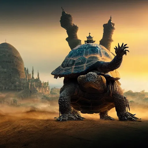 Image similar to gargantuan tortoise with a large fantasy castle armor walking through a sandy wasteland, distant shot centered birds eye view, fantasy, hyper detailed, 4 k, howls moving castle, mortal engines