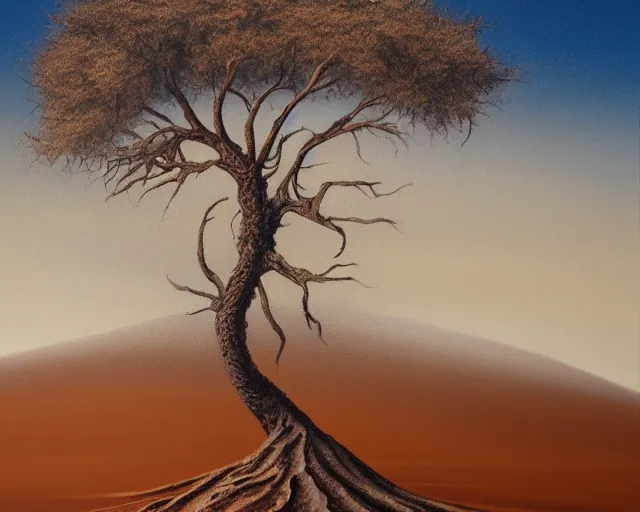 Image similar to a painting of a tree in the desert, an airbrush painting by breyten breytenbach, detailed sand pattern, cgsociety, neo - primitivism, airbrush art, dystopian art, apocalypse landscape