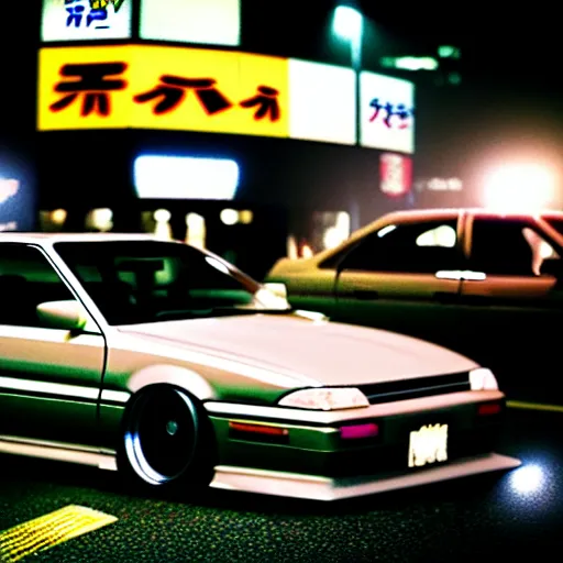 Image similar to a car JZX100 at illegal car meet, Shibuya prefecture, city midnight mist, cinematic color, photorealistic, highly detailed, 200MM