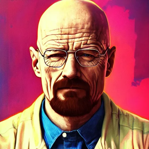 Prompt: high quality illustration, walter white realistic portrait, by etam cru, cyberpunk, alphonse mucha, riot game, beautiful, epic camera, colorful background, arcane, league of legend, digital painting, dynamic colors, artstation, concept art, neon