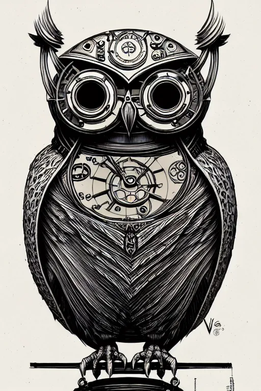 Image similar to side view of a ancient alchemist steampunk owl, high details, lineart, by vincent di fate and joe fenton,, inking, screen print, masterpiece, trending on artstation, sharp, high contrast, hyper - detailed, hd, 4 k, 8 k