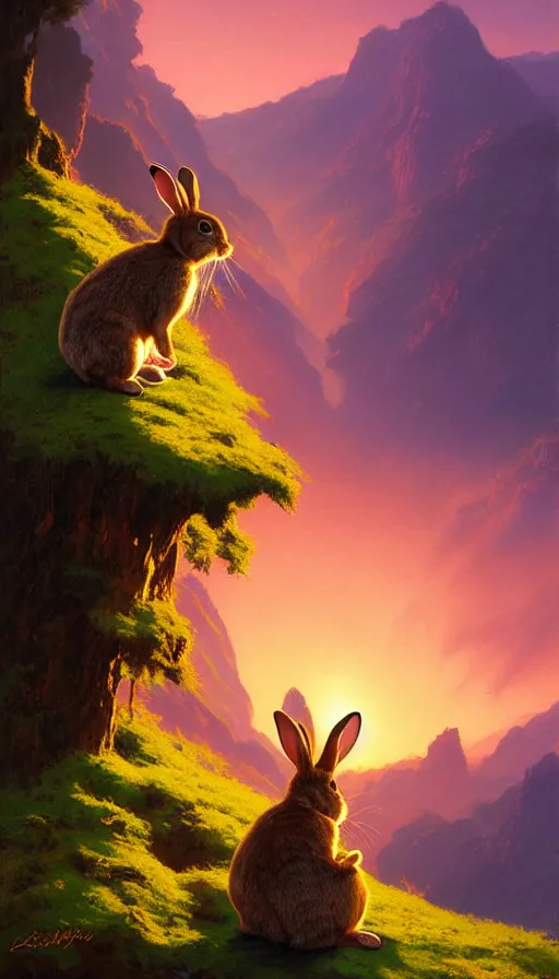 Image similar to hyper realistic rabbit looking off of a cliff, sun setting behind rabbit silhouette, lush forest in valley below, painted by craig mullins, j. c. leyendecker 8 k