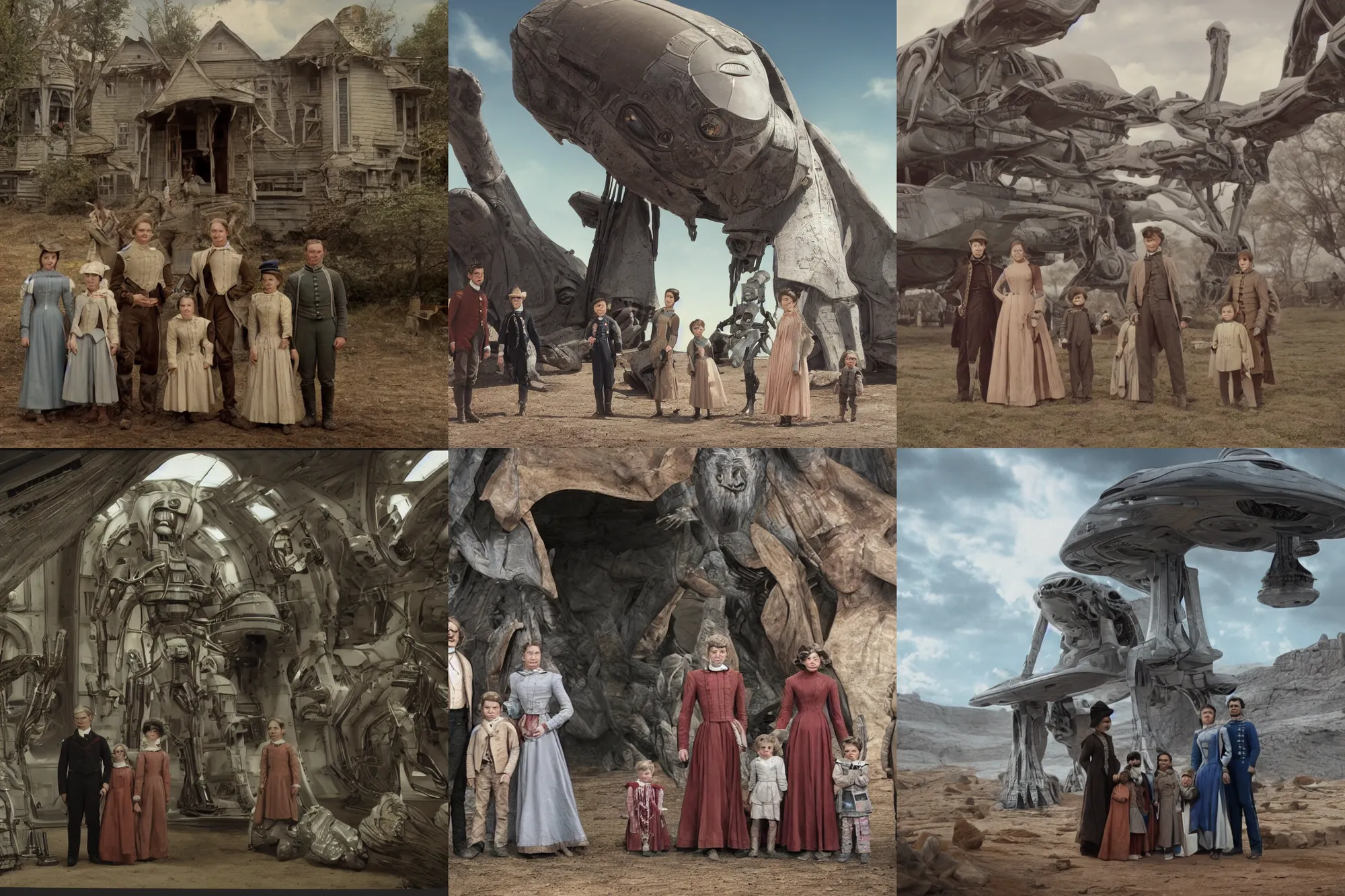 Prompt: sharp, detailed, 4096k film still from a sci fi blockbuster color movie made in 2019, set in 1860, of a family standing in front of a spaceship that has just landed on an alien planet, a humanoid alien creature stands nearby, the family are all wearing 1860s era clothes, good lighting, good photography, sharp focus