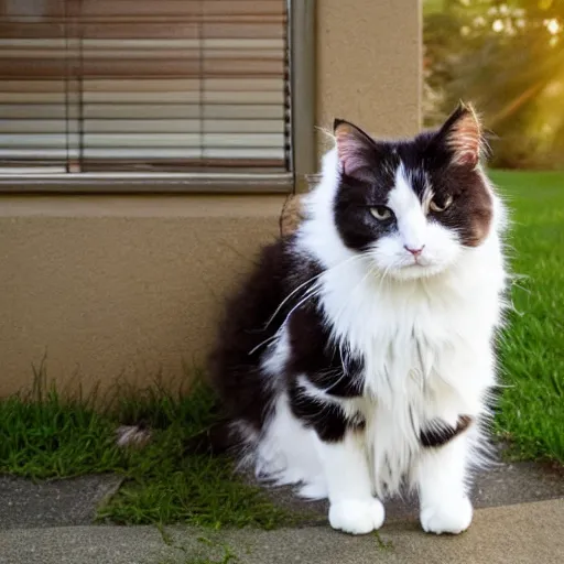 Image similar to a fluffy cute calico cat sitting on the corner of a front yard outside in the late afternoon on a beautiful summer day, sunset