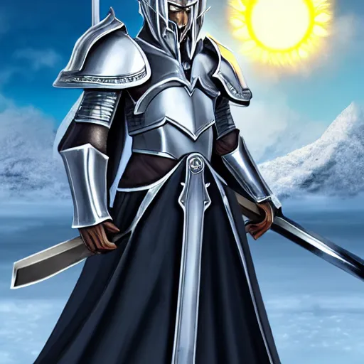 Prompt: paladin wearing silver amour with mirror finish, wielding a longsword that gleams like the sun. he is wearing a teutonic helmet, inside his eyes glow like the sun. background of snowy mountains. anime.