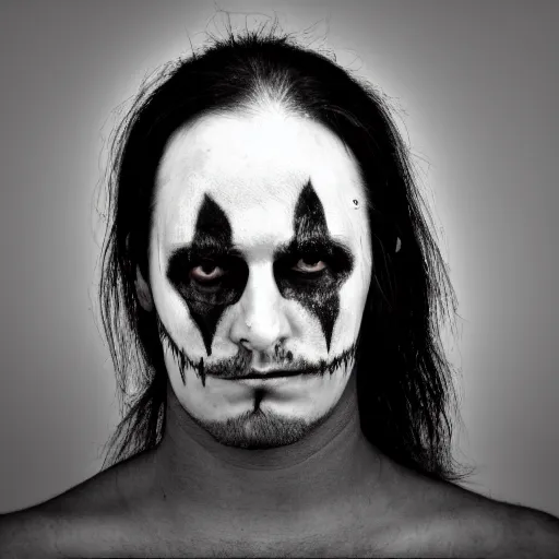 Prompt: Mugshot of a murderer with long hair dressed in black with corpse face paint, 1996, police mugshot portrait, black and white, focus, 8k resolution