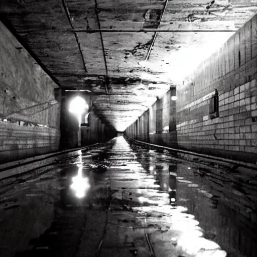 Prompt: dark partially flooded subway tunnel, eerie, creepy, spooky, liminal, liminal space, surreal,