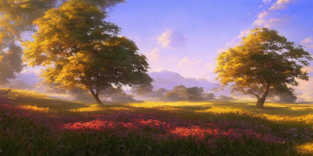 Prompt: an extraordinarily beautiful oil painting of a landscape in spring during sunrise ; lush vegetation ; the most beautiful painting in the world ; by makoto shinkai and craig mullins and salvador dali