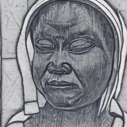 Prompt: portrait, inuktitut realist, woodcut, art nouveau ( 1 9 2 2 ), pyrrol scarlet, titanium white, prussian blue, stathmore 2 0 0, 3 5 mm, f 1. 4, grisaille, luminous