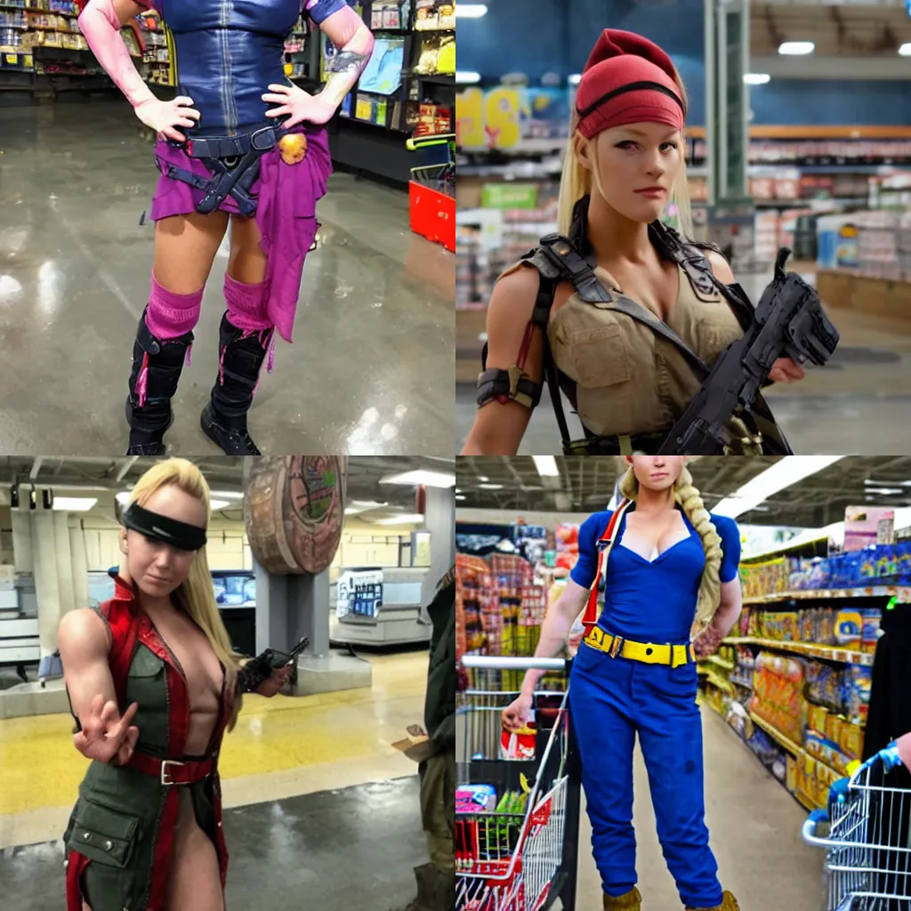 Prompt: Cammy from Street Fighter standing in line at a post-apocalyptic dystopian Walmart purchasing ammunition