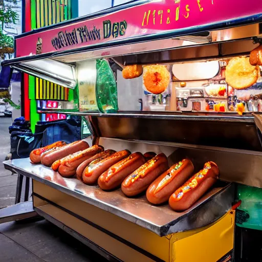 Prompt: hot dog street food stand amateur photography with flash