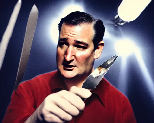 Image similar to bloody ted cruz holding knife with searchlight overhead, shot on technicolour film, action shot