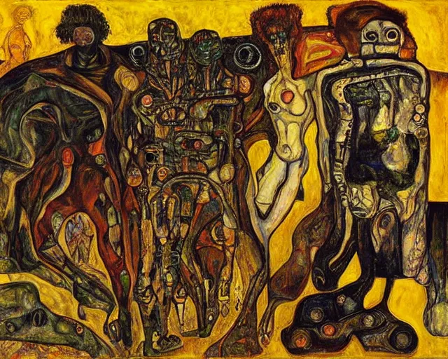 Image similar to a painting of a aliens and cyborgs by graham sutherland, egon schiele, gustav klimt, expressionism