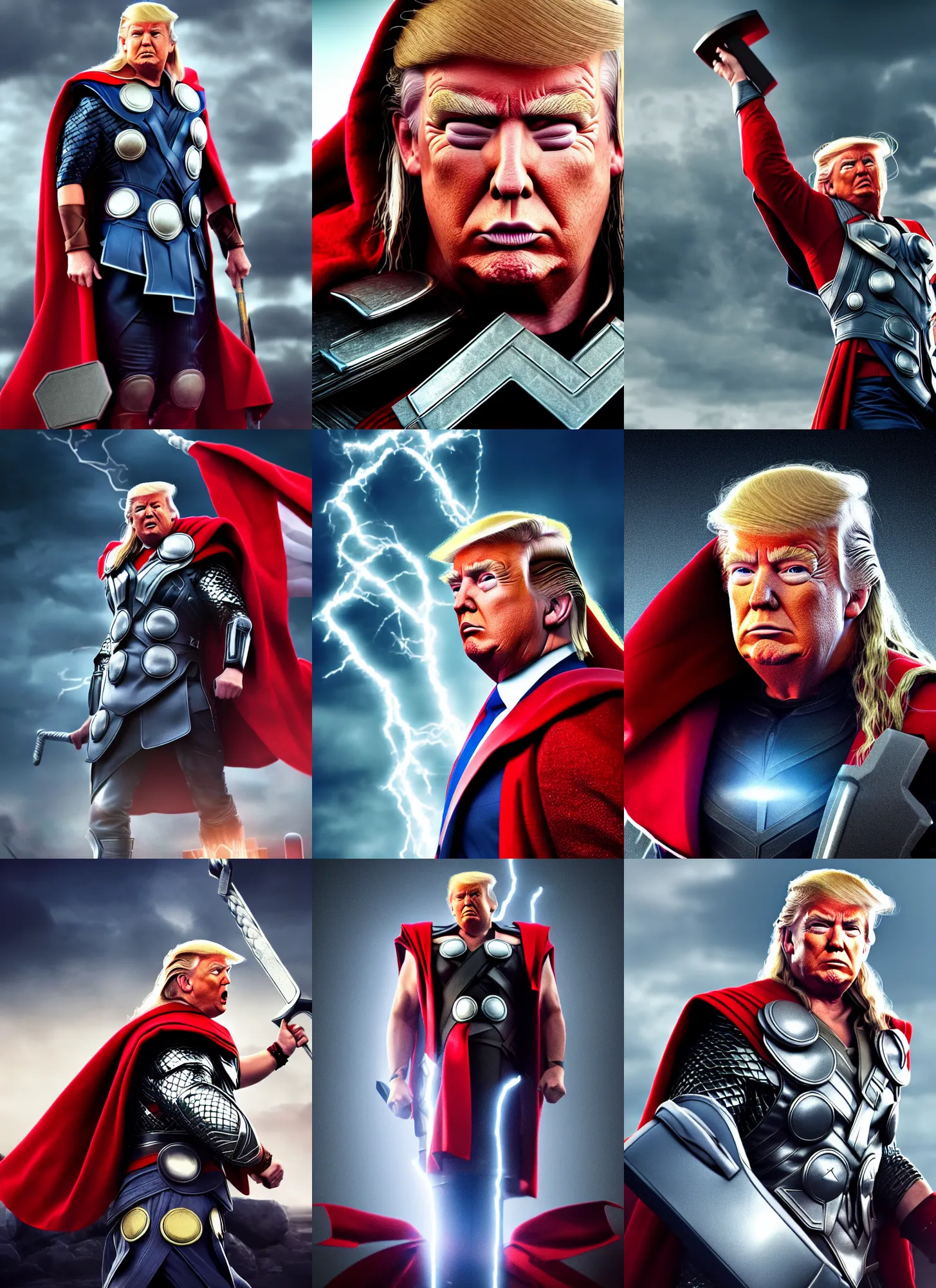 Prompt: donald trump as thor, ready for battle, digital art, octane render