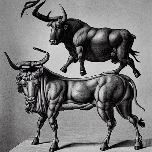 Prompt: beautiful photo of a minotaur, greek minotauros, minos bull, in greek mythology, a fabulous monster of crete that had the body of a man and the head of a bull seating on a barber stool in a barber shop